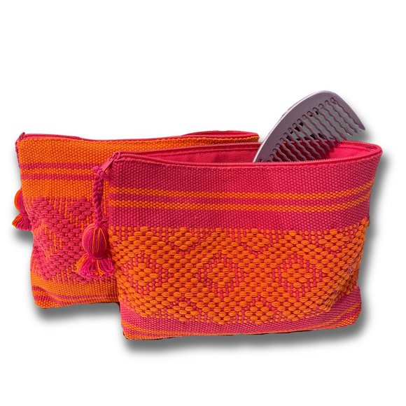 2-PACK SET HANDWOVEN PINK & ORANGE MAKE UP ACCESSORY BAGS 100% COTTON EXTERIOR - Picture 3 of 10
